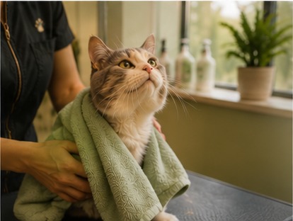 A cat wrapped in a warm towel after a spa day at Bark & Purr in Allen, TX.