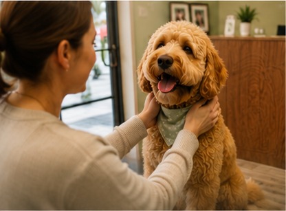 A PAWrent greeting their doodle before a sPAW Day at Bark & Purr in Allen, TX.