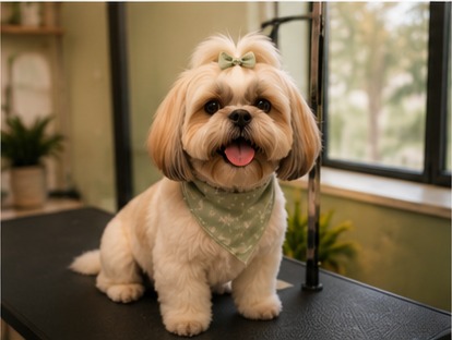 A freshly groomed shih tzu with a bow, sitting proud after their first sPAW Day.