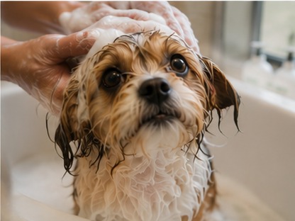 A terrier getting a gentle, sudsy bath at Bark & Purr in Allen, TX.